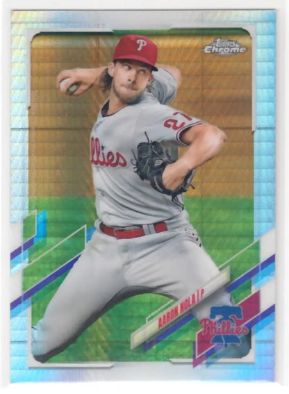 Aaron Nola in Philadelphia Phillies uniform pitching on 2021 Topps Chrome card