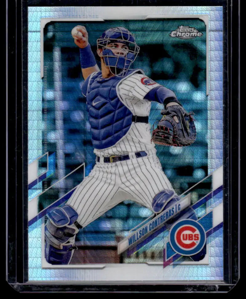 Baseball card of Willson Contreras, Chicago Cubs catcher in pinstripes throwing