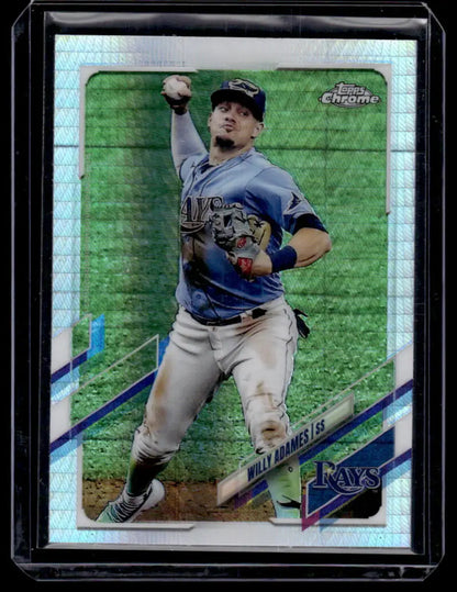 Baseball card of Willy Adames throwing baseball for Tampa Bay Rays in 2021 Topps Chrome