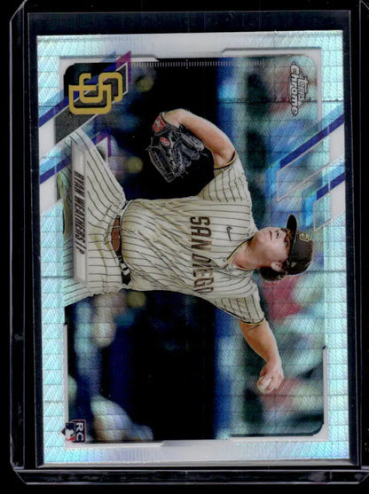 Baseball card of Ryan Weathers pitching for the San Diego Padres in a pinstriped uniform