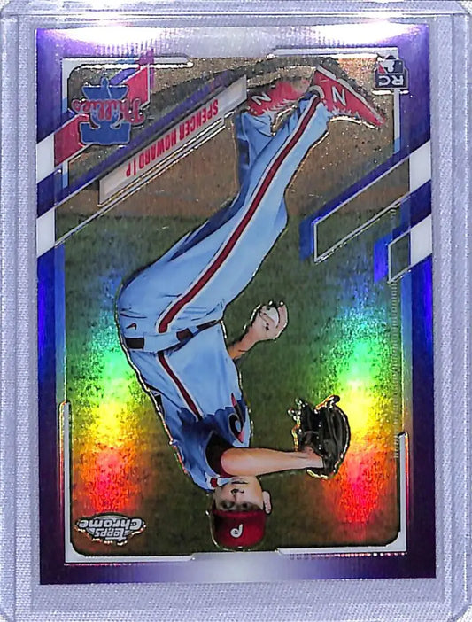 Holographic Spencer Howard Rookie Card performing an acrobatic move, Refractor Purple