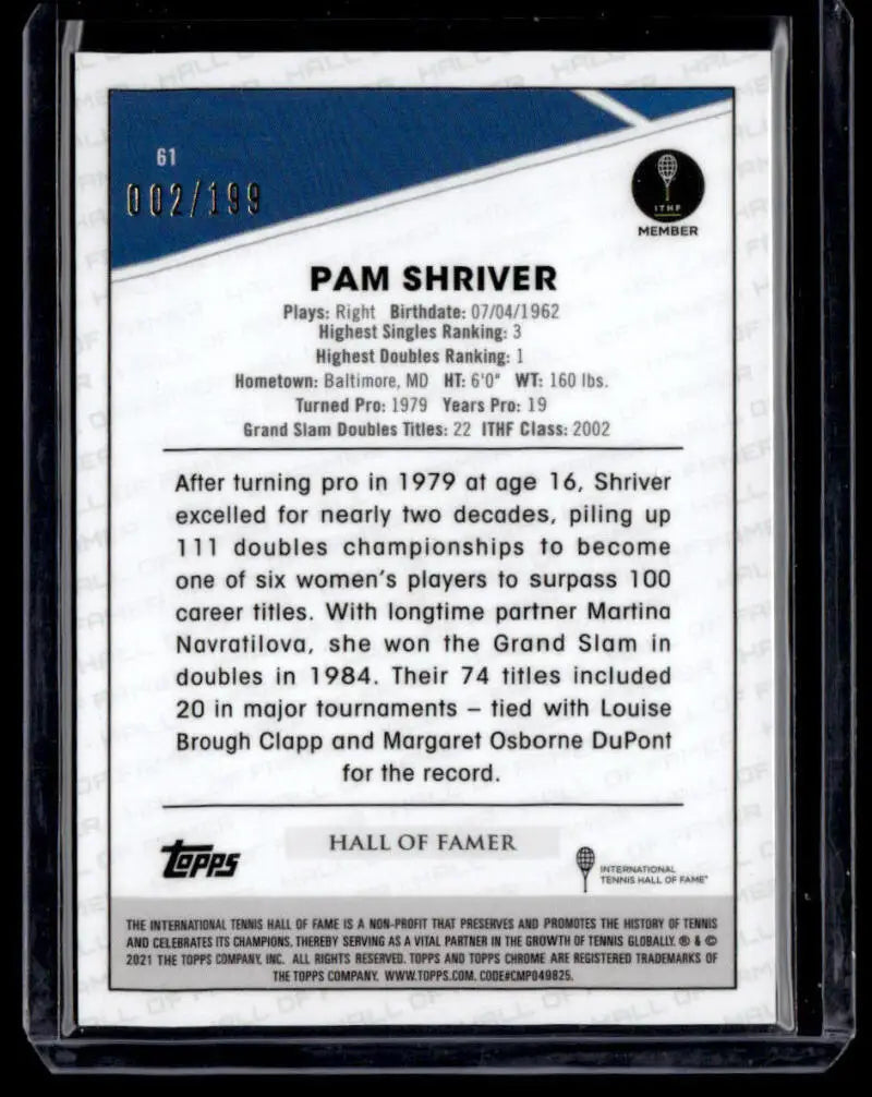 Pam Shriver 2021 Topps Chrome Refractor Purple tennis card with career statistics