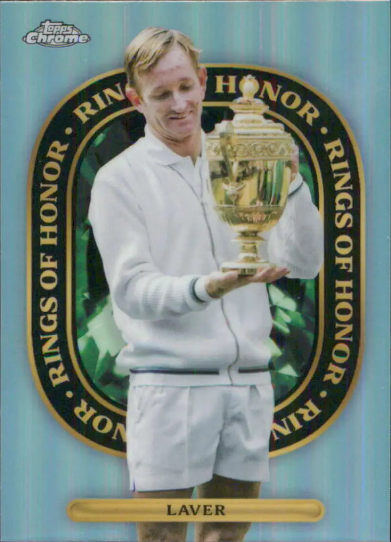 Rod Laver in white attire holding Wimbledon trophy on Topps Chrome Rings card