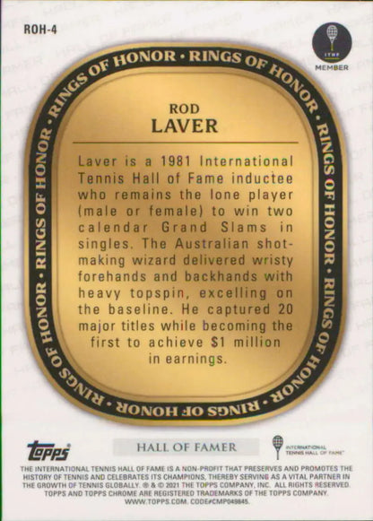 Gold medallion showcasing Rod Laver’s achievements in 2021 Topps Chrome Rings card