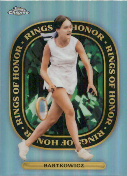 Tennis player Peaches Bartkowicz in white dress on 2021 Topps Chrome Rings card