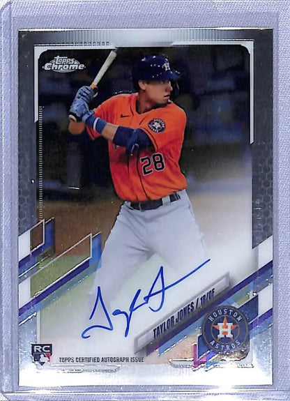 Signed Taylor Jones Topps Chrome Rookie Autographs baseball card in orange jersey