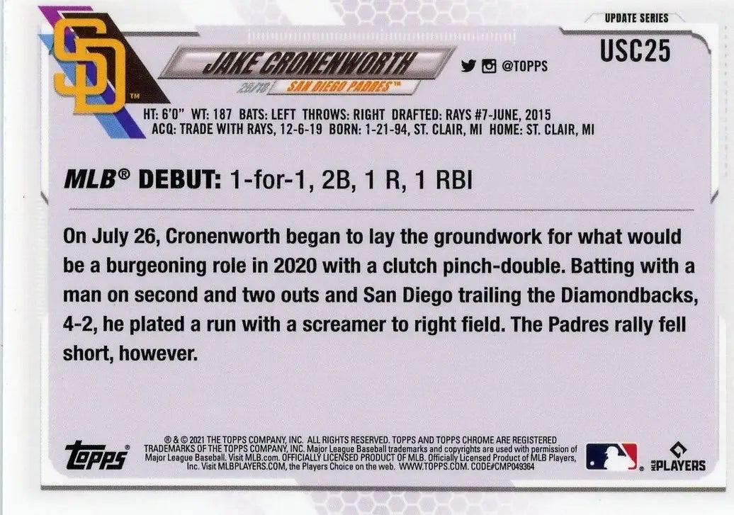 Jake Cronenworth Rookie baseball card from 2021 Topps Chrome Update, San Diego Padres