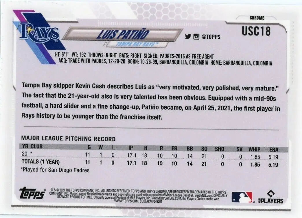 Back of 2021 Topps Chrome Update Luis Patino Rookie card for Tampa Bay Rays MLB collection