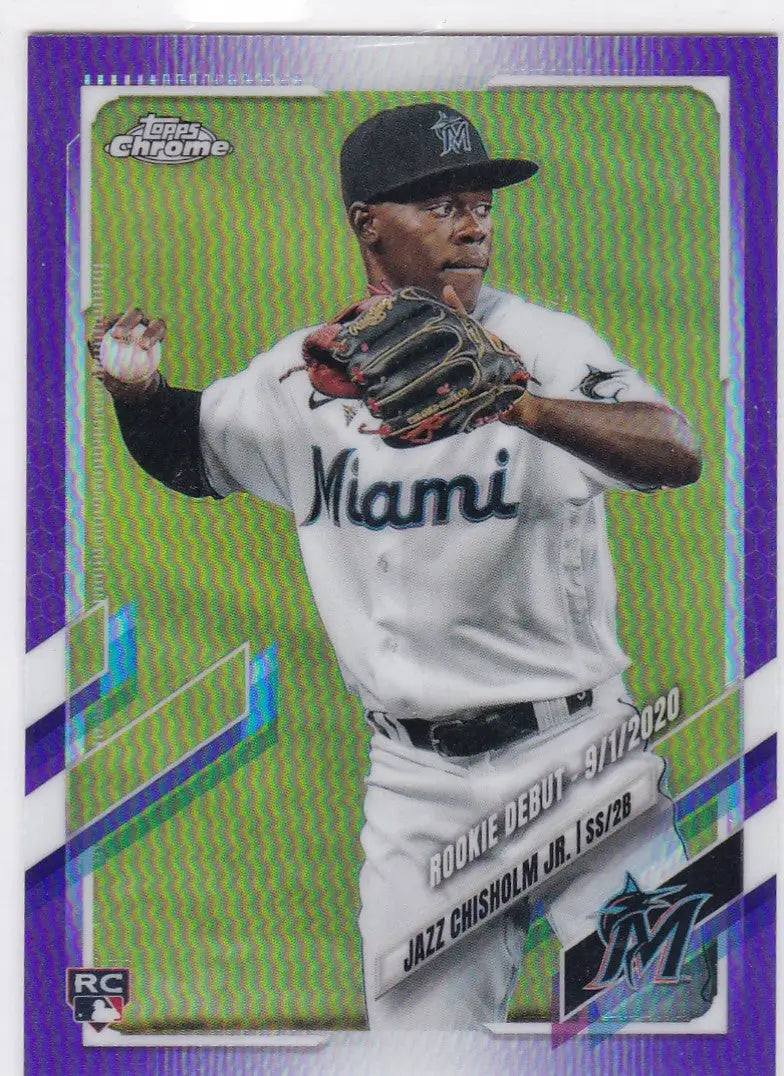 Baseball card of Jazz Chisholm Jr in white uniform from Topps Chrome Update, Purple RC Miami