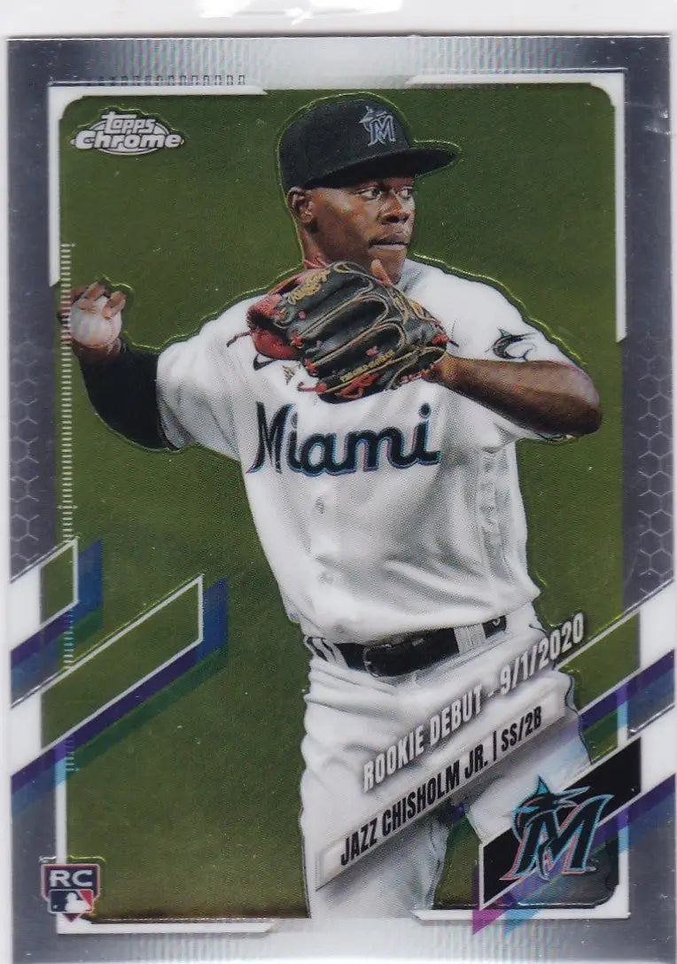 Baseball card of USC52 Jazz Chisholm in a Miami Marlins jersey mid-throwing motion