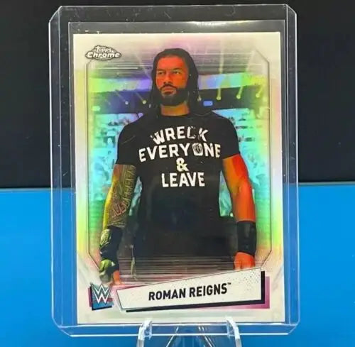 Wrestling trading card featuring Roman Reigns in Topps Chrome WWE Refractor Parallel