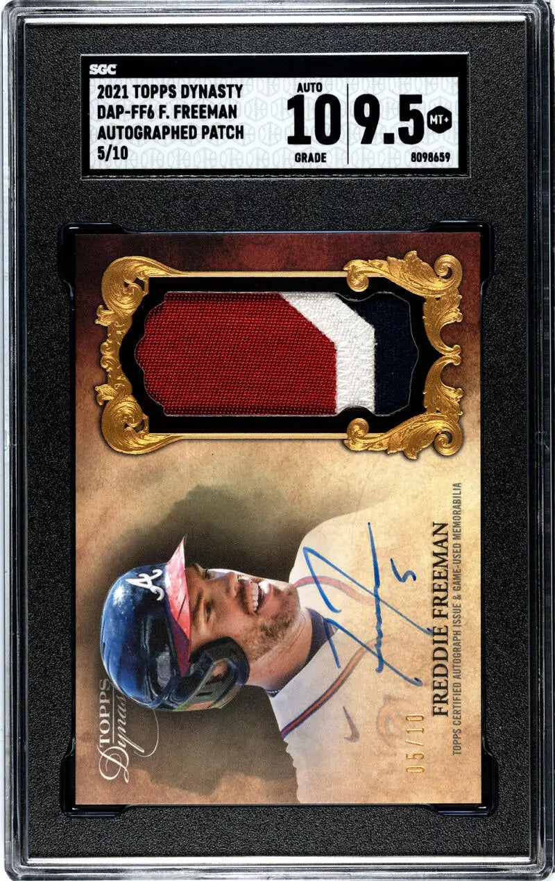 Graded Freddie Freeman baseball card with autograph and jersey patch in gold frame