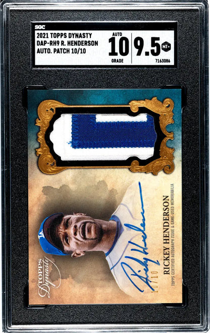 Graded Rickey Henderson SGC card with autograph and jersey patch in decorative frame