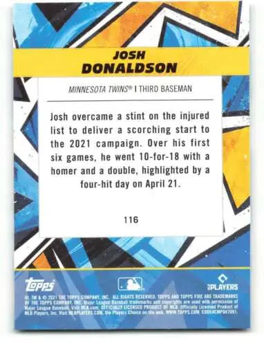 Baseball card back of 2021 Topps Fire #116 Josh Donaldson with original gloss finish