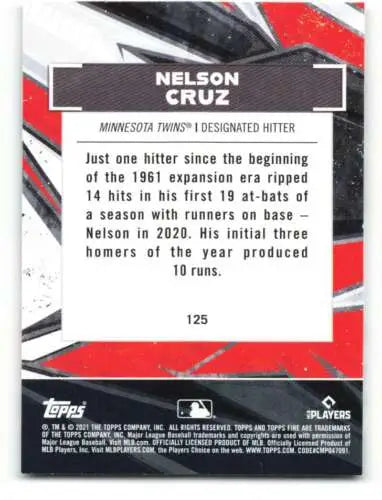 Back of 2021 Topps Fire #125 Nelson Cruz NM-MT Twins baseball card with original gloss