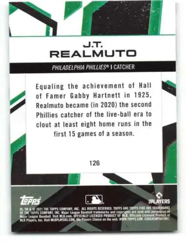 2021 Topps Fire #126 J.T. Realmuto baseball card with original gloss for collectors