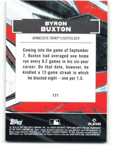 Byron Buxton baseball card back from 2021 Topps Fire with original gloss finish