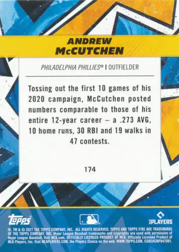 Baseball card back of 2021 Topps Fire Andrew McCutchen with original gloss details