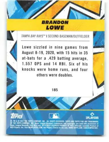 Baseball card back of 2021 Topps Fire #185 Brandon Lowe with original gloss and Rays ID 45153