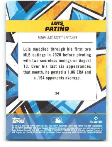 Baseball card back of 2021 Topps Fire Luis Patino NM-MT RC with original gloss