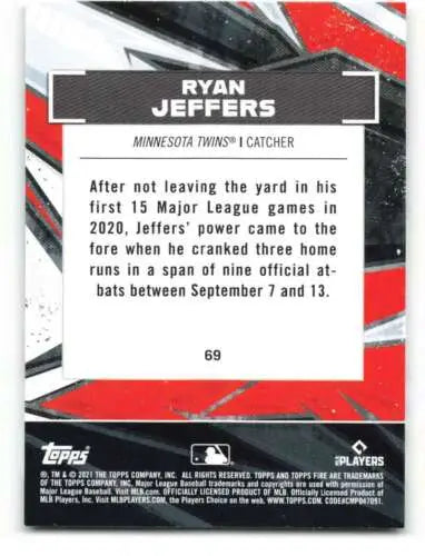 Baseball card back of 2021 Topps Fire Ryan Jeffers Rookie showcasing original gloss