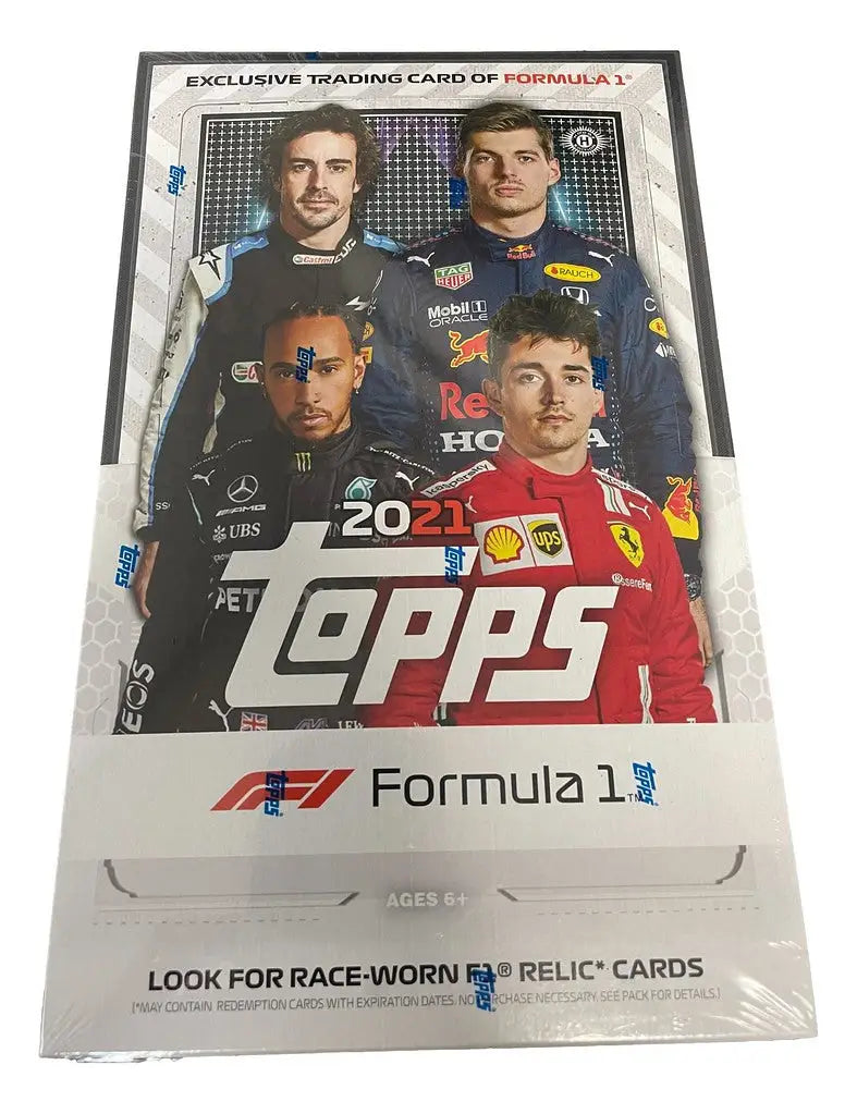 Box of 2021 Topps Formula 1 trading cards with driver portraits for collectors