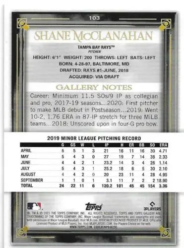 Shane McClanahan baseball card back from Topps Gallery Rainbow Foil collection