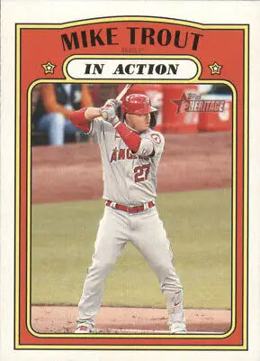 Mike Trout baseball card from 2021 Topps Heritage featuring Los Angeles Angels in action