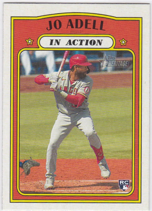 Baseball card of Jo Adell RC in action for Los Angeles Angels Topps Heritage