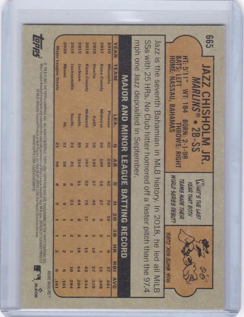 Baseball card showcasing Jazz Chisholm Jr. stats from 2021 Topps Heritage Rookie Card Miami Marlins