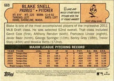 Blake Snell baseball card from 2021 Topps Heritage High Number San Diego Padres #669