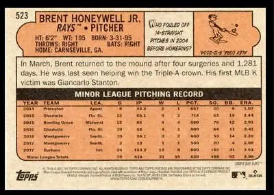 Baseball card back of 2021 Topps Heritage High Number Brent Honeywell Jr. Tampa Bay Rays