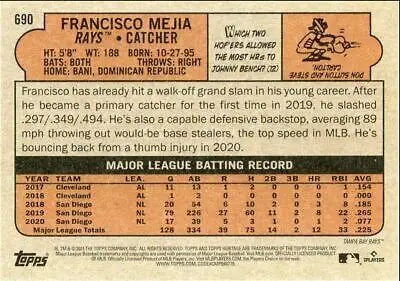 Baseball card back of 2021 Topps Heritage High Number Francisco Mejia Tampa Bay Rays #690