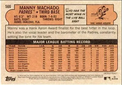 Back of the 2021 Topps Heritage High Number Manny Machado Baseball Card #566