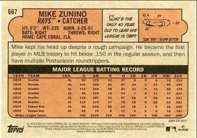 Back of 2021 Topps Heritage High Number Mike Zunino Baseball Card Tampa Bay Rays #667