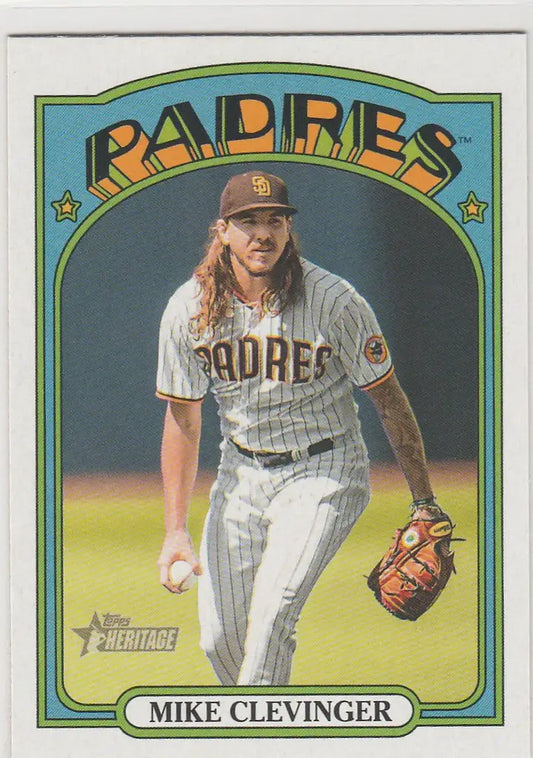 Baseball card of Mike Clevinger San Diego in white uniform from Topps Heritage High