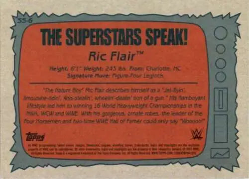 Ric Flair trading card back from 2021 Topps Heritage Superstars Speak with original gloss