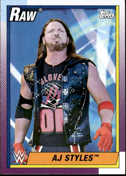 WWE trading card of AJ Styles from Topps Heritage WWE with black vest and red accents