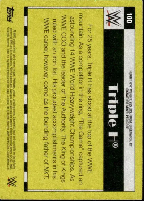 Yellow Topps Heritage WWE trading card featuring Triple H copyright information