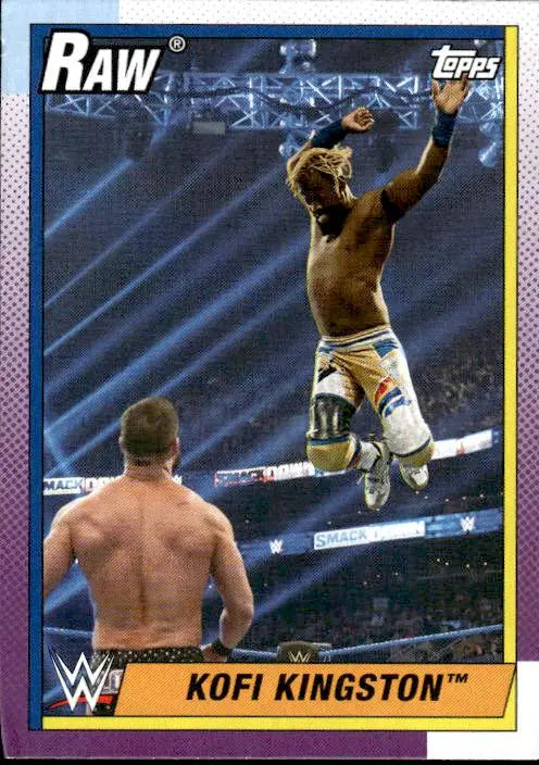 WWE trading card of Kofi Kingston performing a high-flying move from Topps Heritage