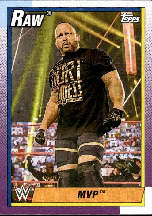 2021 Topps Heritage WWE trading card of MVP in black attire with yellow lighting effects