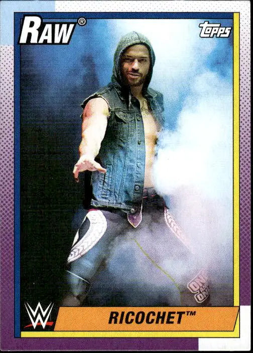 WWE Raw trading card of Ricochet in denim vest from Topps Heritage WWE collection