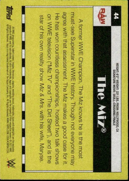 Yellow Topps Heritage WWE trading card featuring The Miz with reverse text details