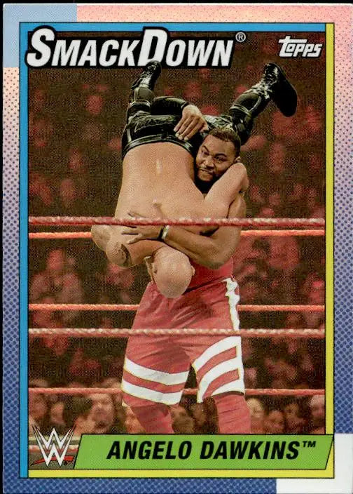 2021 Topps Heritage WWE Angelo Dawkins lifting move in the ring Rainbow Foil card