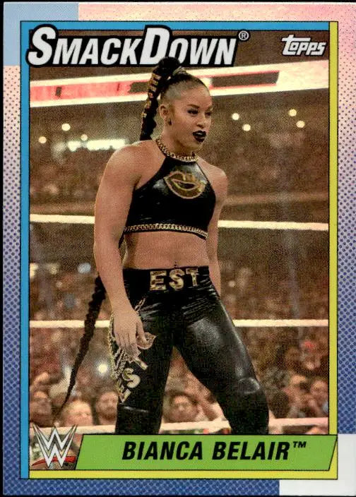 WWE SmackDown trading card of Bianca Belair in black attire, Topps Heritage design