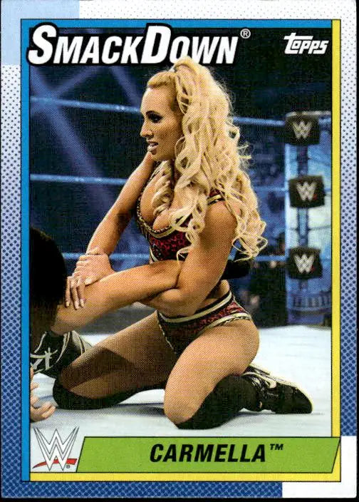 WWE SmackDown trading card of Carmella from Topps Heritage WWE #53 in ring attire