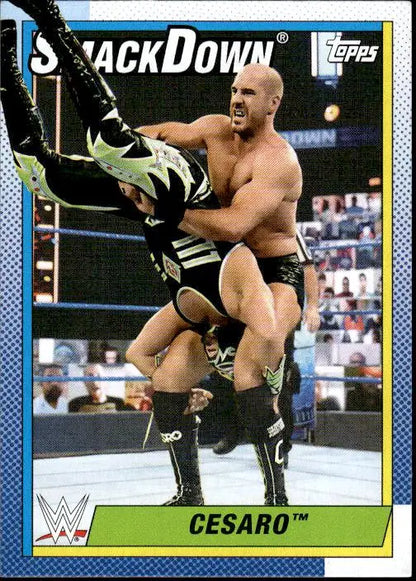 WWE trading card of Cesaro in action, part of Topps Heritage WWE series