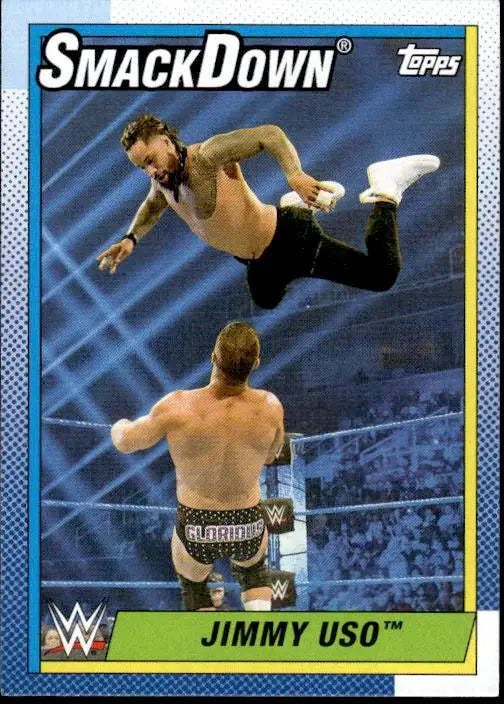 WWE trading card featuring Jimmy Uso performing a flying attack in Topps Heritage