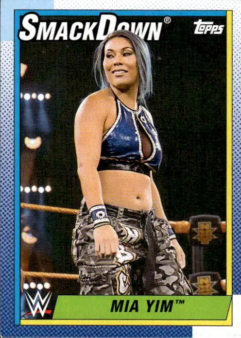 2021 Topps Heritage WWE #64 Mia Yim trading card featuring wrestler in camouflage