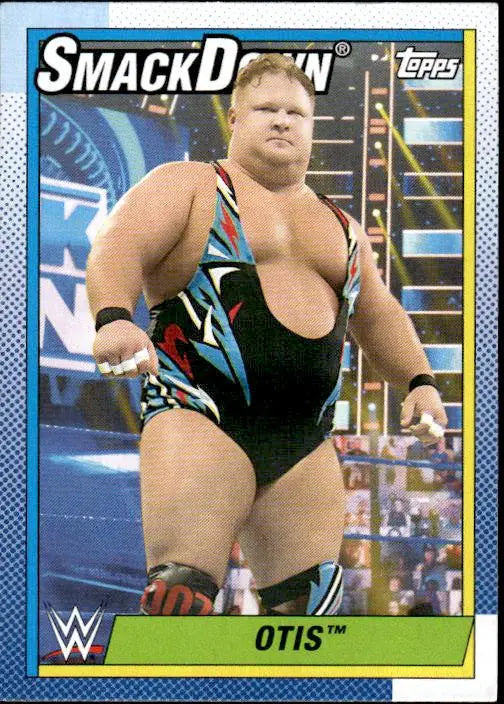 Professional wrestler in colorful geometric singlet from Topps Heritage WWE card 67 Otis